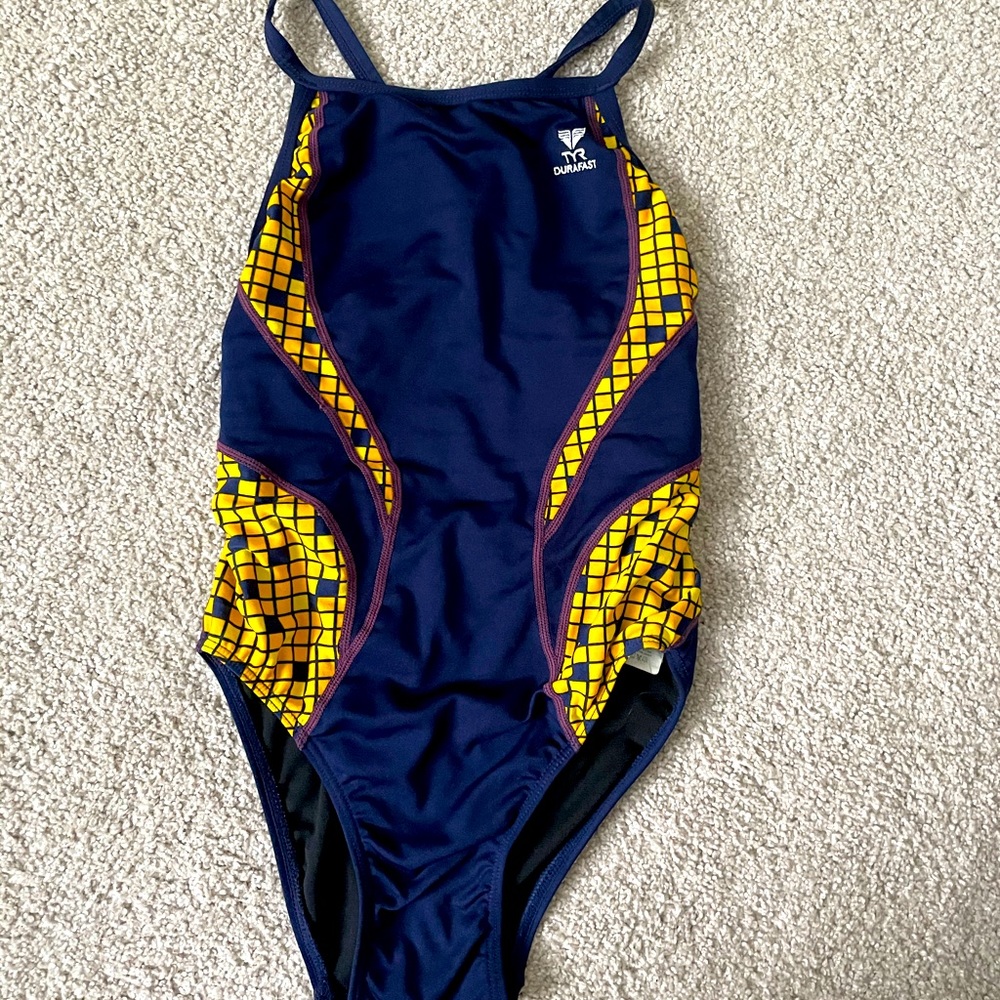 TYR navy and yellow one piece